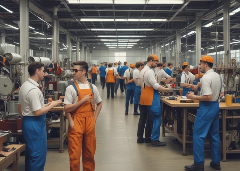 A calm and trustworthy office environment with navy blue and gold accents.