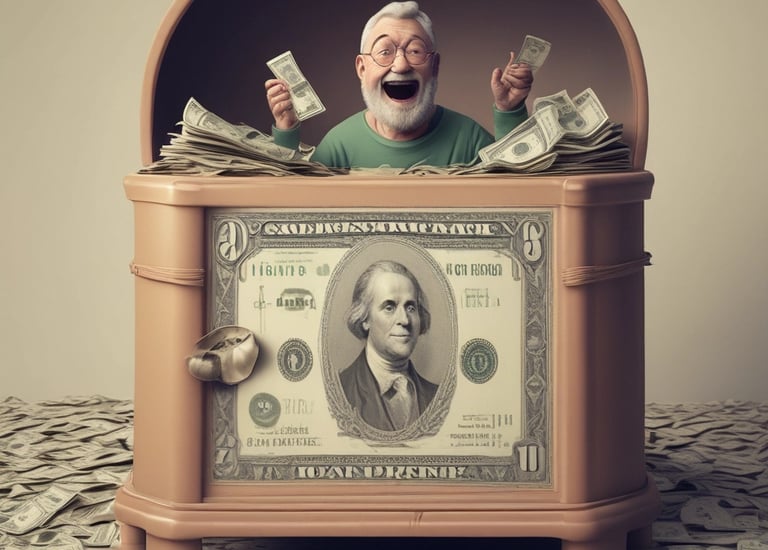 A person is holding a large amount of paper currency in a dimly lit environment. The image has a sepia tone, giving it an aged, vintage appearance. The focus is on the bundle of money prominently displayed in the person's hands.