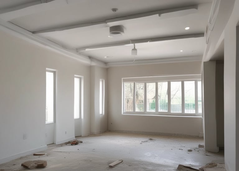 A partially demolished building surrounded by rubble and debris. The structure has missing walls and exposed beams, with piles of bricks and dirt scattered around. A large metal blade, possibly from a bulldozer, is positioned in front of the scene.