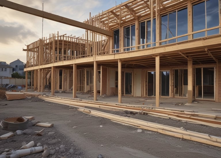 A construction site with partially demolished buildings and an excavator. The site is surrounded by a metal fence. The buildings appear old, with exposed rebar and boarded windows. In the background, high-rise buildings such as a hotel and office buildings are visible.