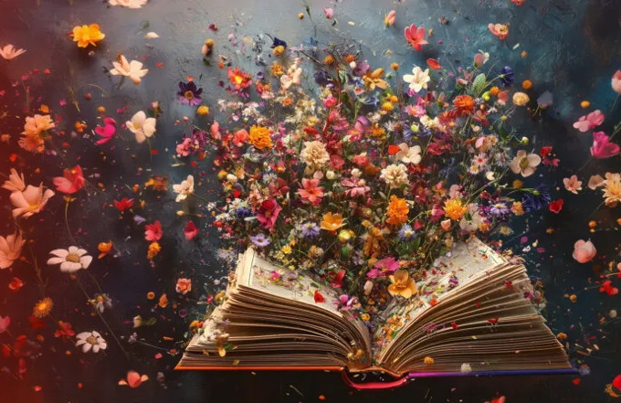 Flowers emerging from book pages.