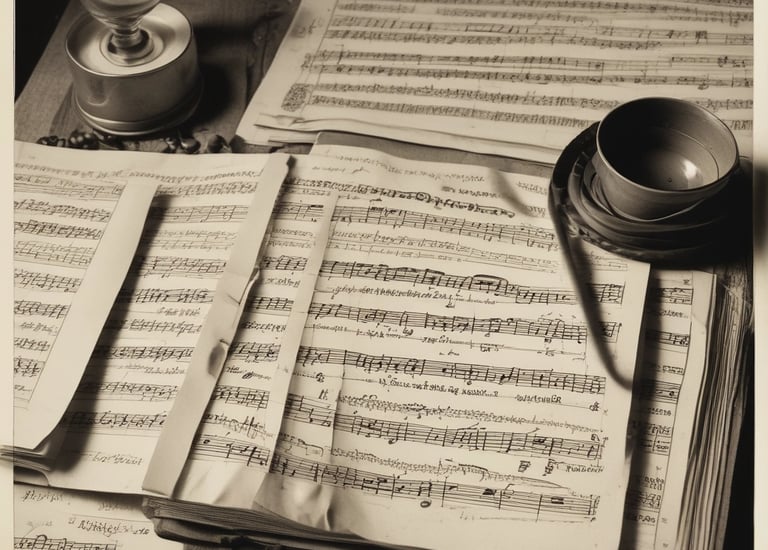 A close-up view of open sheet music showing musical notes and staff lines on pages. The focus is sharp on the notes, highlighting the intricate details of the musical composition. The image is captured in black and white, giving it a classic and timeless feel.