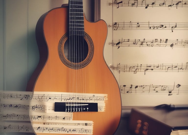 A wooden upright piano with a set of sheet music placed on its music rest. The background shows an American flag, a yellow wall, and some seating that appears to be in a church or a formal gathering space.