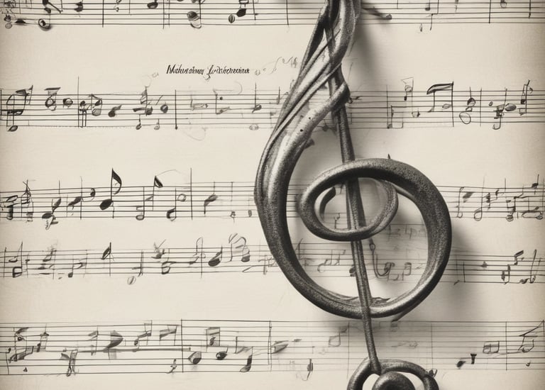 A close-up view of a sheet of musical notation featuring various notes, clefs, and musical symbols laid out on a staff. The image focuses on the details of the music manuscript with emphasis on the notes and lines.