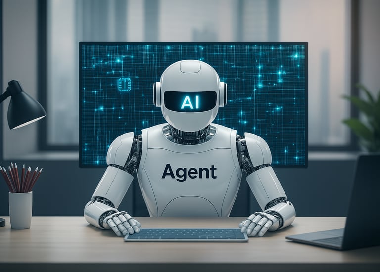 Humanoid AI robot labeled “Agent” sitting at an office desk with a digital screen in the background, representing artificial 