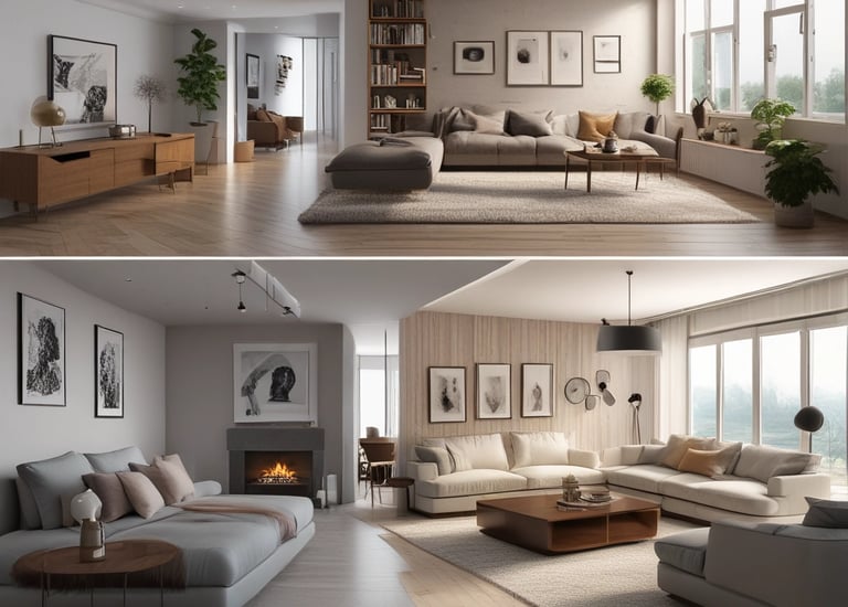 A modern house with a flat roof and a rectangular structure, featuring a combination of beige and red exterior panels. The building is surrounded by trees casting distinct shadows on the facade, with sunlight creating a warm glow.