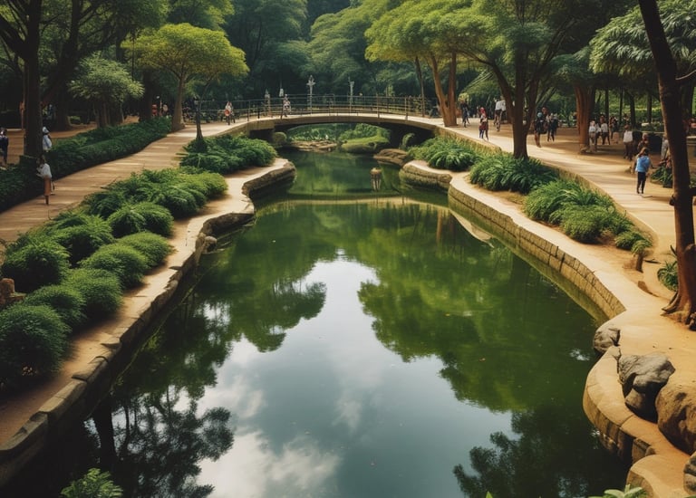 A luxurious building with beige walls and arched windows is surrounded by lush greenery and palm trees. In the foreground, a bright turquoise swimming pool is visible, bordered by well-maintained shrubs and trees.