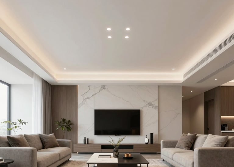 Modern living room with sleek drywall ceiling and recessed lighting in São Paulo apartment.