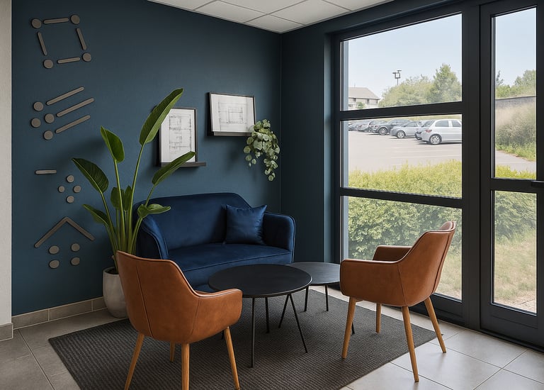 Coin accueil dans une entreprise avec canapé et plante
