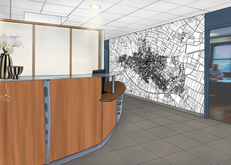 Décoration de l'accueil Initio conseil dessiné. Avec une carte panoramique sur un mur