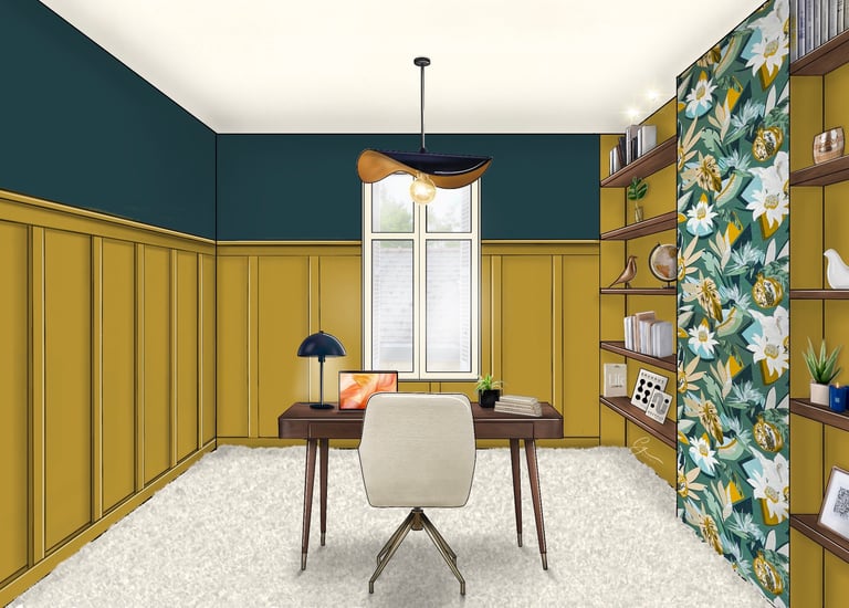 Dessin d'un bureau avec sous bassement en bois.