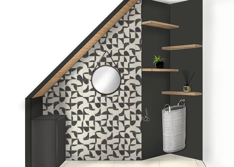 mur vue de face, décoré avec une tapisserie noire et blanche. et un coin optimisé pour le rangement