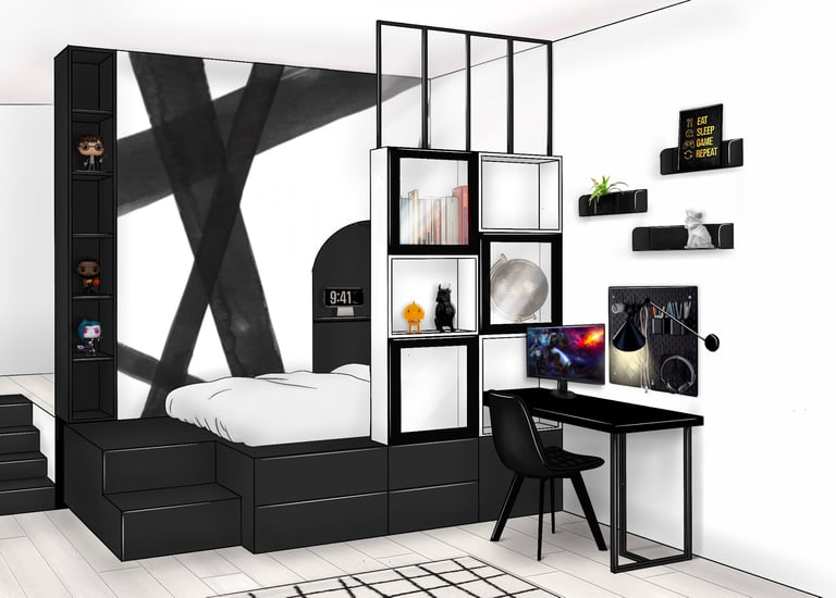 Chambre d'adolescent avec lit sur une plate-forme. Couleur noire et blanche