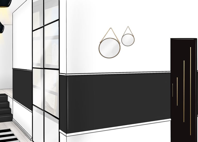 Couloir contournant une chambre, décoré en blanc et noir. comportant une verrière atelier