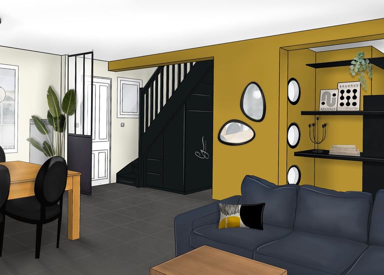 Dessin procreate d'un salon redécoré dans les tons jaunes et noirs
