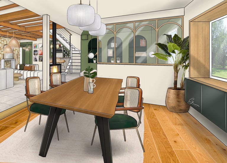 salle à manger avec claustra en vert et arche, dans le style art déco et scandinave