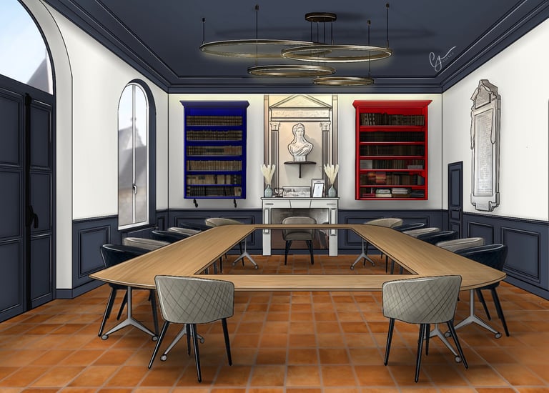 Salle du conseil décoré dans les tons bleus, blancs rouges