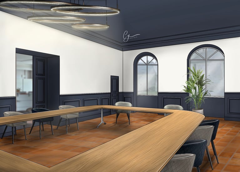 Salle de réunion décorée et repeinte dans les ton bleu avec un sous bassement style haussmanien