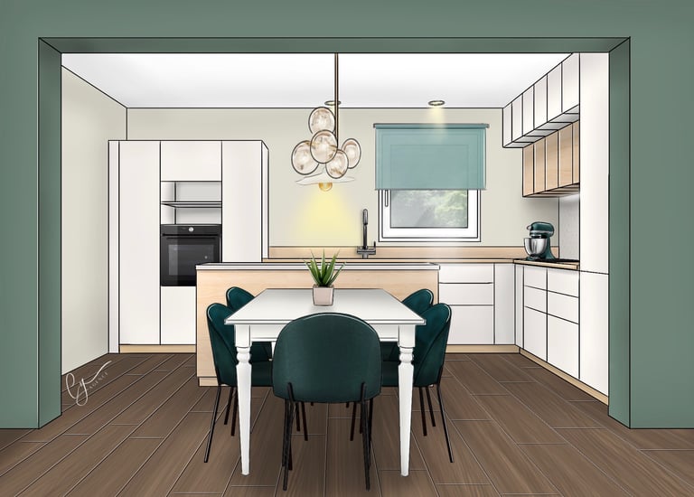 Cuisine verte et blanche aménagée à partir de meuble IKEA 