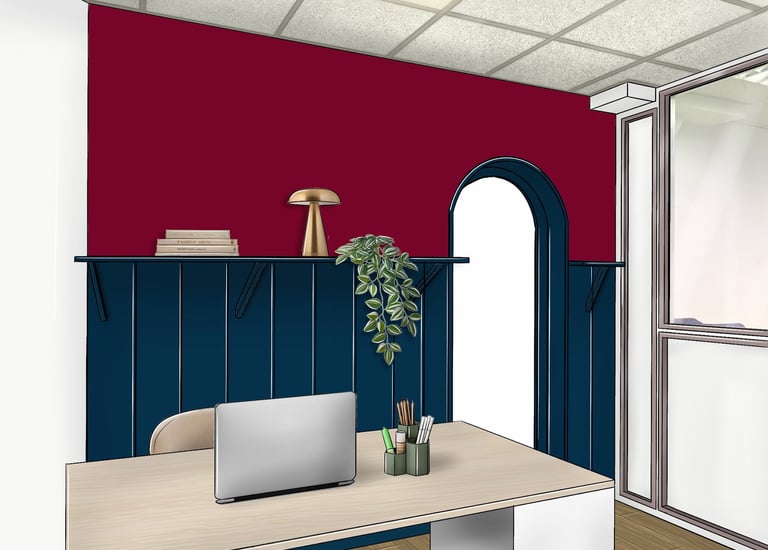Bureau avec sous bassement en bois et tablette.Dans les tons bleus et rouges
