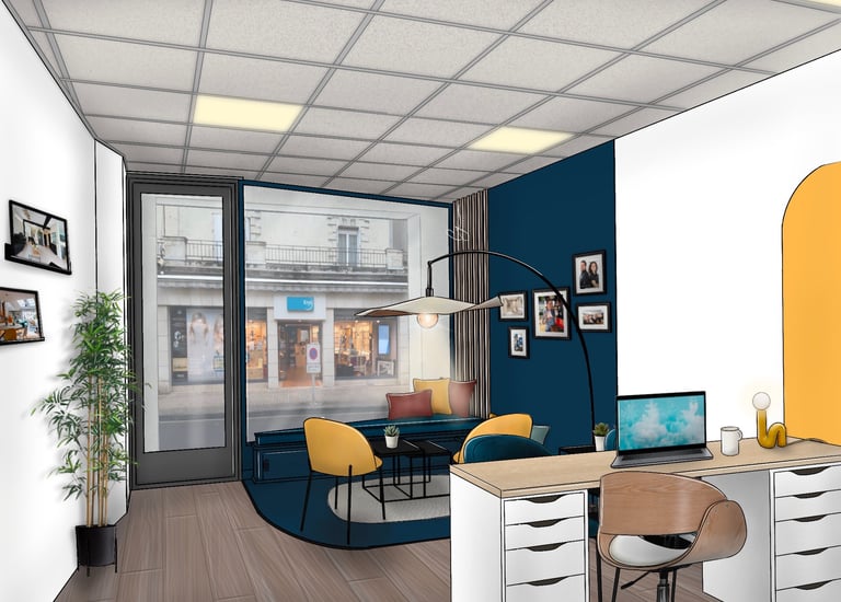 Coin accueil avec des fauteuils jaunes et une banquette bleue