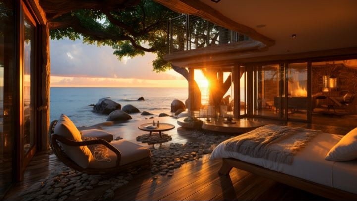 a bedroom with a bed and a couch