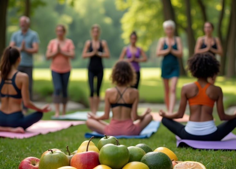 a group of people doing yoga in a park