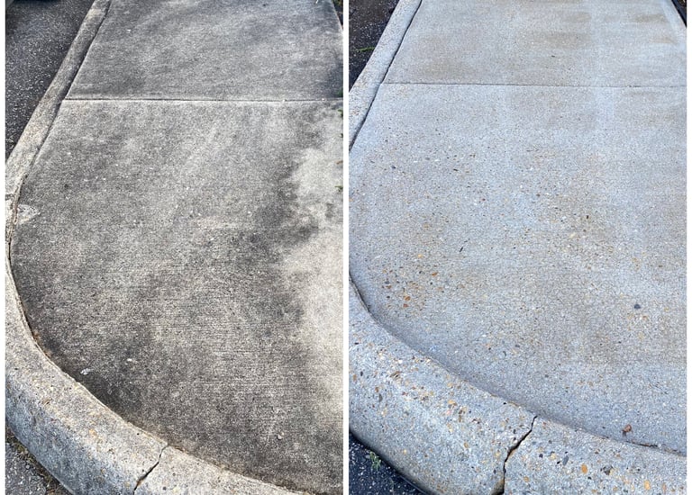 Before and after power washing a dirty concrete sidewalk to remove dark grime and stains.