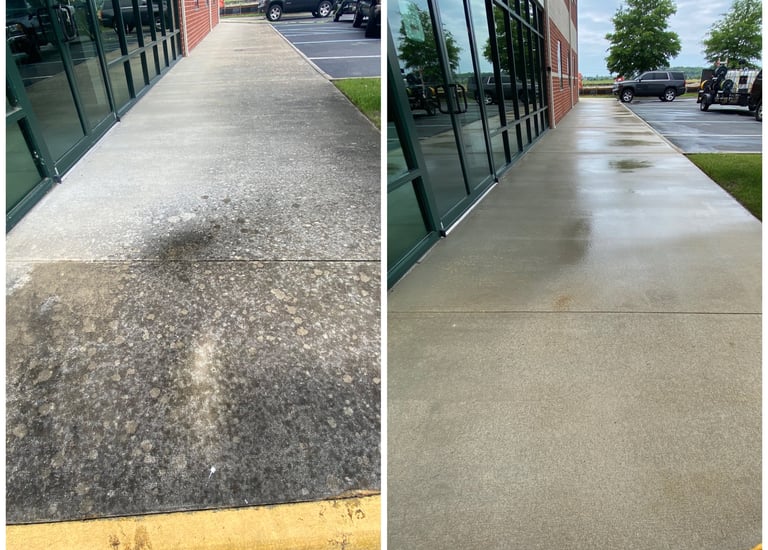 Before and after comparison of a commercial concrete sidewalk pressure washing service.