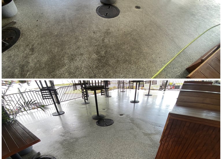 Before and after comparison of professional commercial pressure washing on a restaurant patio floor.