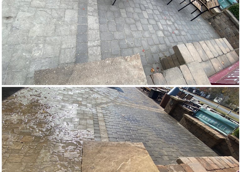 Before and after comparison of professional power washing on a commercial stone patio with outdoor seating.