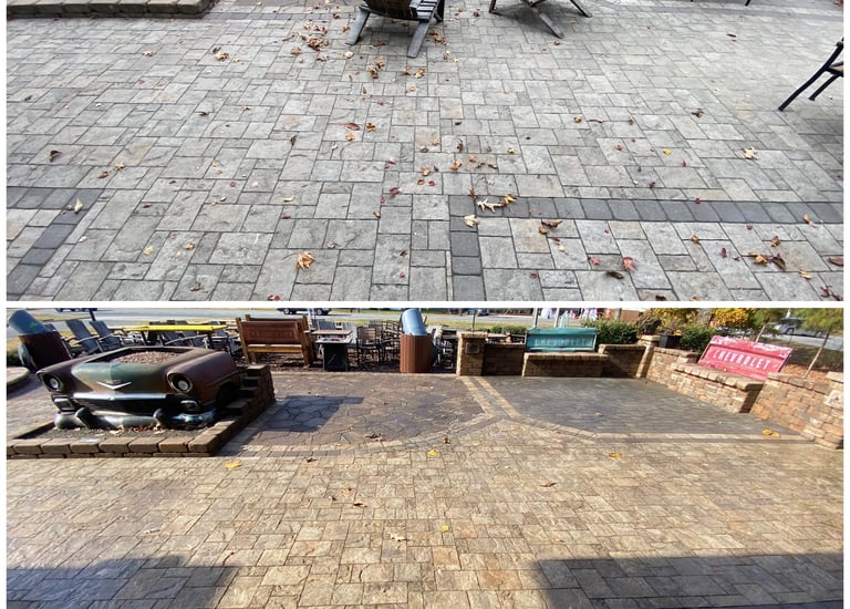 Before and after comparison of brick paver cleaning achieved by soft washing to remove stains.