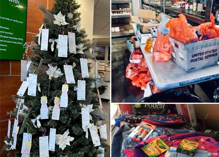 Collage showing Angel Tree at Boulder Dam Credit Union, food drive bags, school supplies