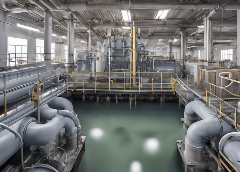 An industrial setup with numerous pipes and valves, primarily featuring shades of blue and metallic surfaces. The image captures a close-up of a valve in focus with a blurred background showing more industrial equipment and a blue structural element.