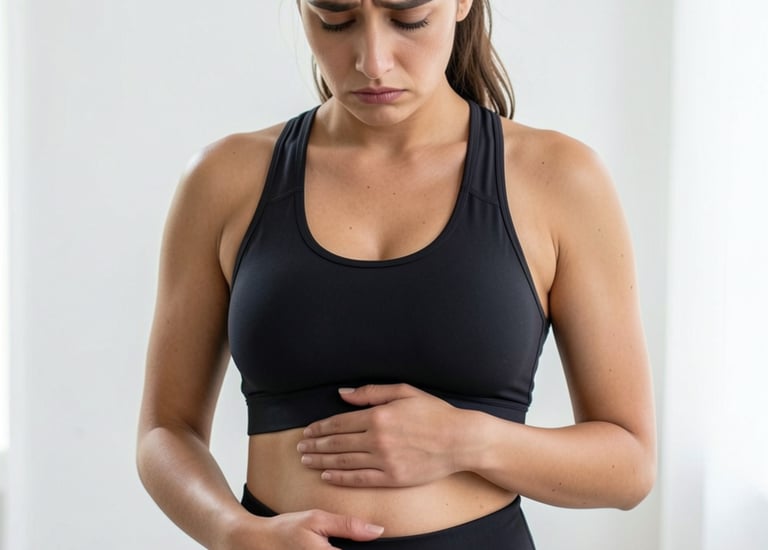 A woman in fitness wear holding her stomach in pain, depicting digestive issues or cramps.