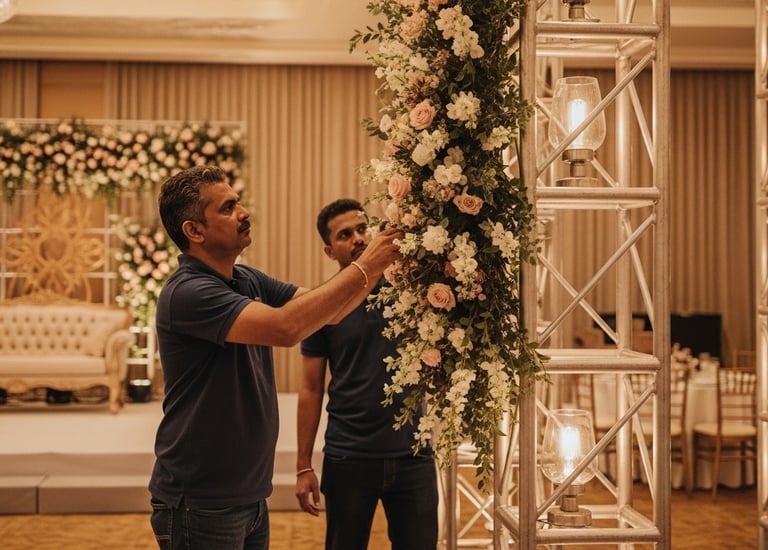 a man planning and decoratiing wedding in front of a stage