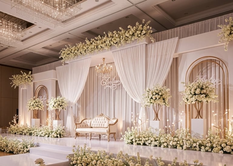 a wedding reception table with white flowers and white drapes