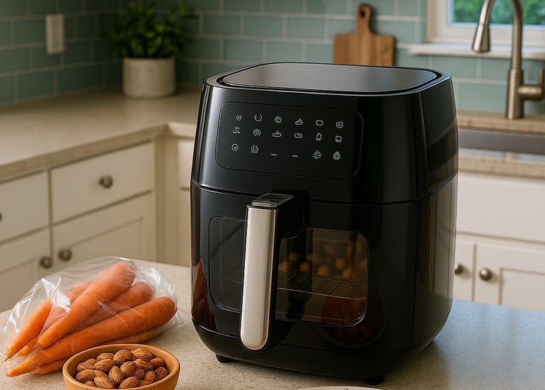 This is a photo of a kitchen. On the kitchen island is an air fryer, a bag of carrots, and a bowl of almonds.