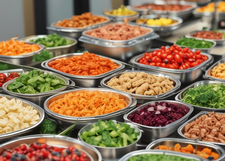A platter of intricately arranged small tartlets, each topped with a colorful array of fresh fruits and vegetables, including grape tomatoes, green and orange melon balls, and garnished with greens. They are set on a round white tray with a label from a catering company.