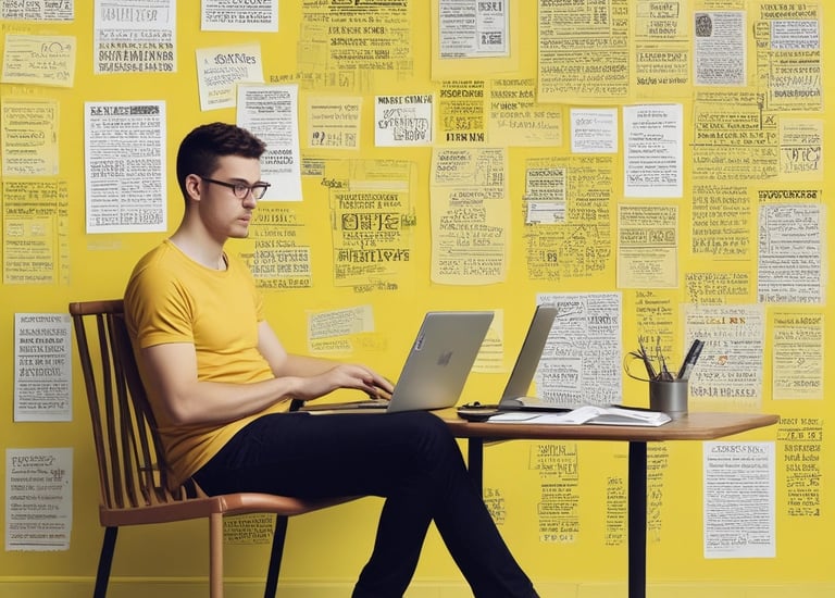 A man is seated at a table, working on a laptop in front of a bright yellow wall. The wall has a large collection of words related to technology, such as 'Information Technology' and 'Data'. A chair with a striped design is partially visible, and a notebook and phone rest on the table.