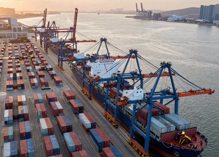 Two people are focused on a laptop, surrounded by papers and fabric samples on a large table. The setting is a modern office with large windows and a view of a building exterior.