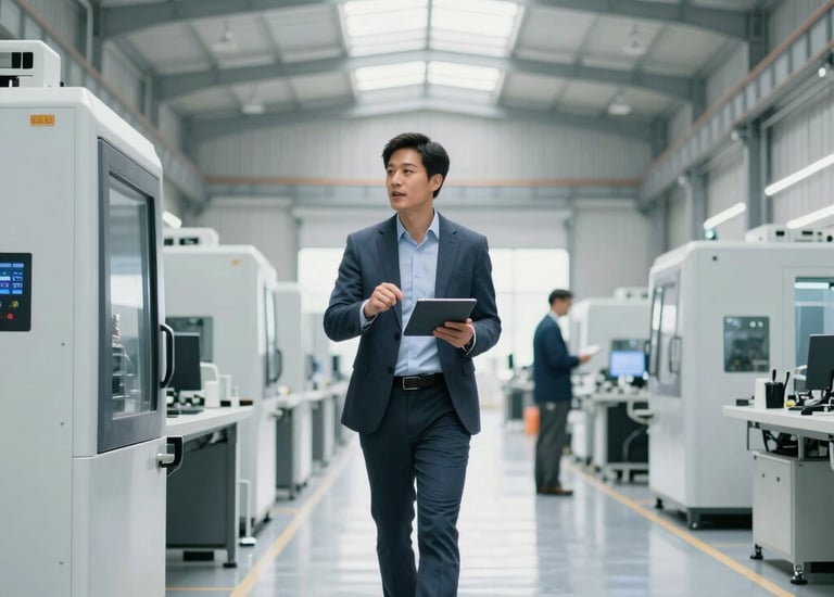 A person is engaged in a transaction at a wooden counter, using a point-of-sale terminal. There is a bottle of wine on the counter and another person is handing over a paper bag, likely containing the purchased item.