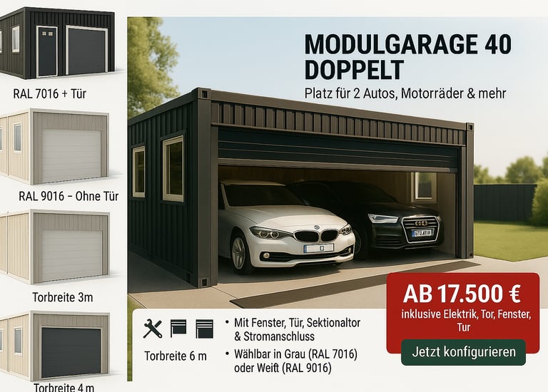 a garage with a garage door and a car in the background