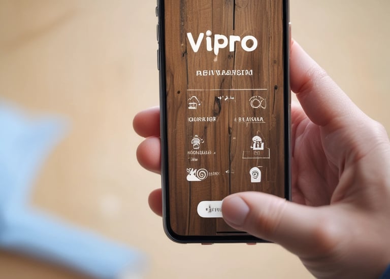 A hand is holding a smartphone displaying a website with the header ''. The smartphone screen shows a section with an image of a person and text underneath. The background is a wooden table surface.