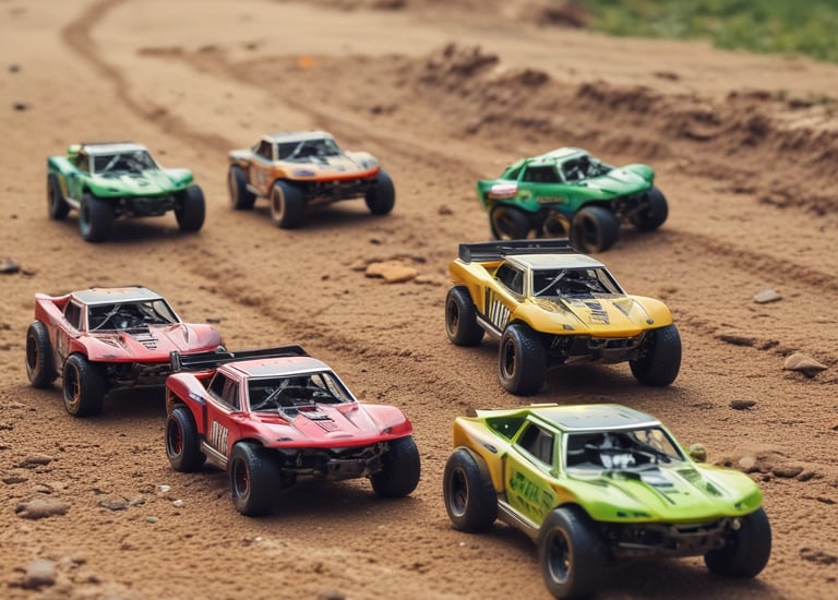 A child’s hand is placed on top of a black remote-controlled toy car with large, rugged tires and green and white decals. The car has a robust, off-road design, and is positioned on a smooth, light-colored surface.