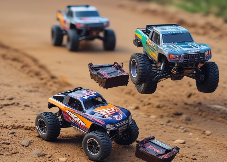 A miniature toy car designed as an off-road vehicle, featuring a bright yellow body with large, rugged black tires. The car displays a detailed front grille and window frames, with the words 'OFF ROAD' printed on the side. It is positioned against a dark background, emphasizing its vibrant color.