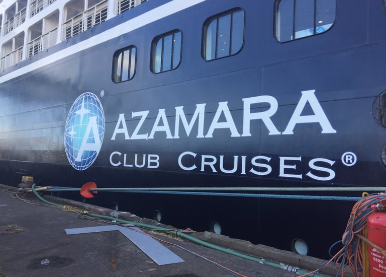 Exterior branding and ship signage installation for Azamara cruise vessels 