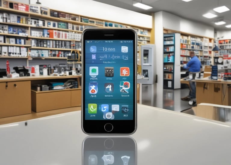 A small kiosk under a large tree, selling mobile accessories and repair services. It is named 'Ravi Communication', as indicated by signs on the storefront. The stand is neatly arranged with mobile phone covers and various accessories. A person is seated inside, seemingly attending to tasks.