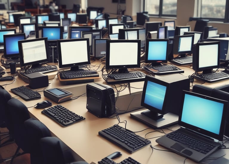A small motorcycle repair shop with several parked motorbikes is visible. The exterior wall is adorned with posters featuring individuals, and stacked old electronics like televisions and other equipment are present. Piles of tires are neatly organized beside the open garage, where various tools and parts are visible inside.