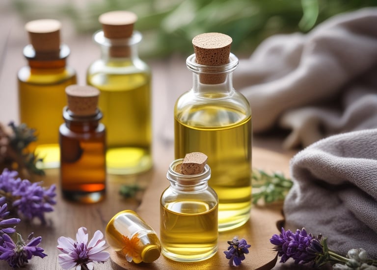 A vibrant display of essential oils and plants.